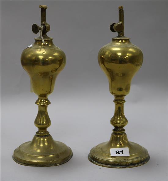 Two 19th century French brass lacemakers lamps H.26cm.